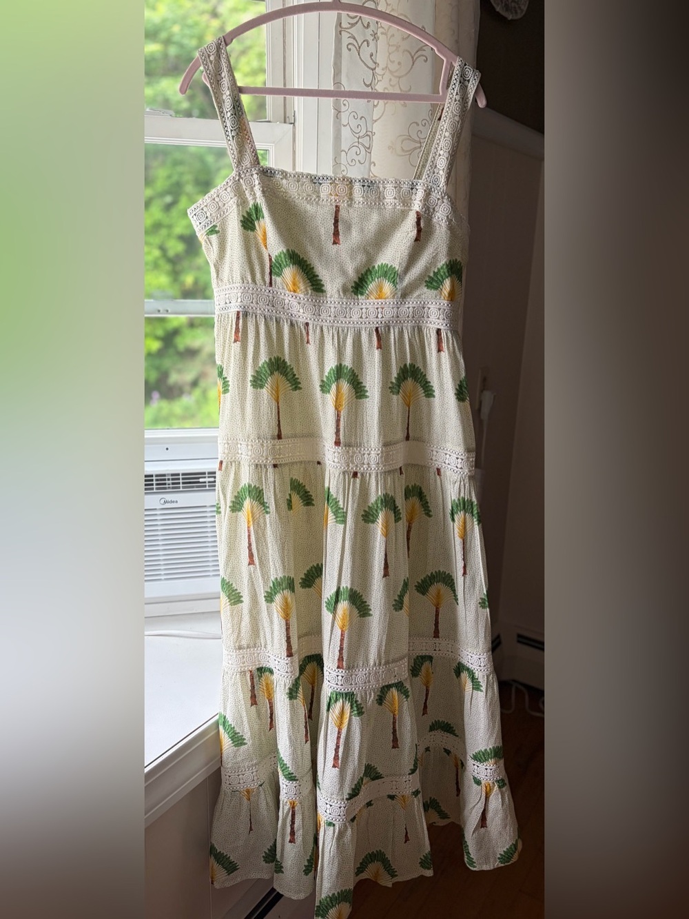 Calypso St. Barth Palm Tree & Lace Maxi Sundress Sz L Resort Vacation Summer EUC